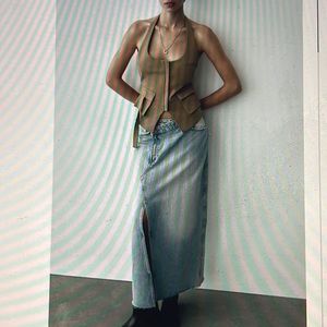 Zara Long Denim Distressed Skirt